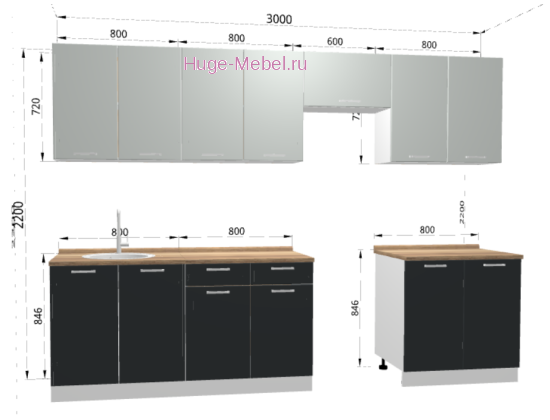 Кухня 3 метра "Бетон" со столешницей
