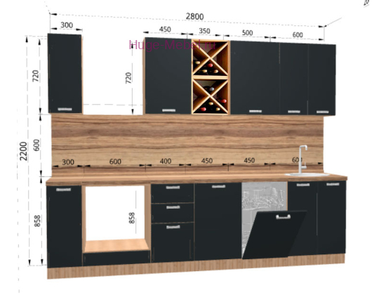 Кухня 2.8 метра "Пасаденна" угольный камень+дуб крафт